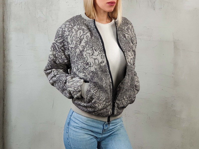 Samurai Unisex Grey Bomber Jacket Samurai Mask Dragon Japanese Lotus Flowers Cotton Bomber Jacket Graphic Bomber Printed Jacket Gift idea
