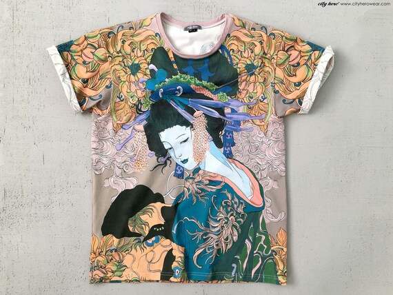 Japanese Chrysanthemums Geisha and Komainu Mens T-shirt | Etsy