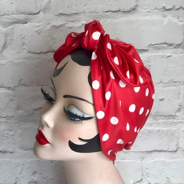 Retro Bandana, 1950s Head Scarf, Land Girl, Hair Wrap, Red Polka Dot Scarf, Rosie the Riveter, Chemo Gift, Vintage Style Gift, Care Gift