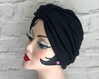 Turbante nero, per donna, copricapo chemioterapico, turbante retrò, cappello anni '40, moda vintage, regali chemioterapici, idee regalo vintage, regali anni '40