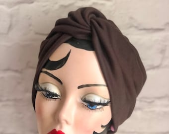 turban vintage, pour femme, turban marron, chapeaux de chimio, chapeau des années 40, cadeaux de chimio, cadeau de style vintage, cadeaux des années 40, vêtements rétro