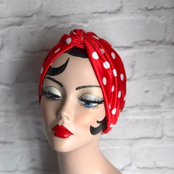 Vintage Turban, for Women, Polka Dot Hat, Chemo Headwear, Red Turban, 1940s Turban, Chemo Gifts, Vintage Gift for Her, 1950s Gifts