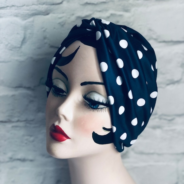 Turban pour femme, style vintage, chapeau à pois, couvre-chef chimio, bleu marine, turban chimio, cadeau vintage, cadeau chimio, cadeau années 40, cadeau soin