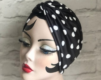 Polka Dot, Turban for Women, Vintage Turban, Chemo Headwear, Black Turban, 1920s Hat, Chemo Gifts, Vintage Accessories, 1940s Gifts