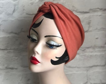 Turban for Women, Chemo Headwear, Burnt Orange, Pre Tied Turban, Autumn Hat, Chemo Gifts, Vintage Gifts, Mum Gift from Daughter, 1940s Gifts