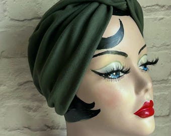 Turban vintage, dla kobiet, nakrycie głowy dla osób po chemioterapii, kapelusz khaki, moda retro, turban z lat 40. XX wieku, prezenty dla osób po chemioterapii, prezenty vintage, kapelusz na łysienie plackowate, prezenty dla osób opiekujących się dziećmi