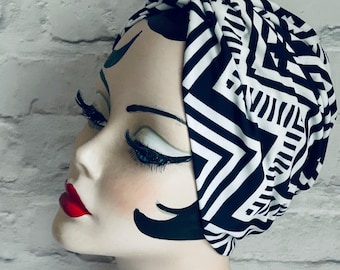 Turban vintage, dla kobiet, nakrycie głowy dla osób po chemioterapii, granatowy turban, moda retro, turban z lat 40. XX wieku, prezenty dla osób po chemioterapii, prezenty vintage, kapelusz na łysienie plackowate, prezenty pielęgnacyjne