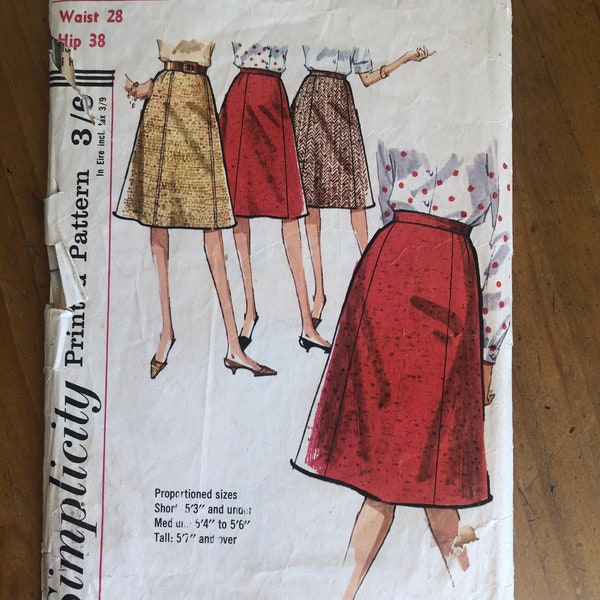 Vintage 60s, Sewing Pattern, Simplicity 5624, Waist 28, Hip 38, 1960s Style, A-line Skirt, Used Sewing Pattern, Sewing Gift, Vintage Gifts
