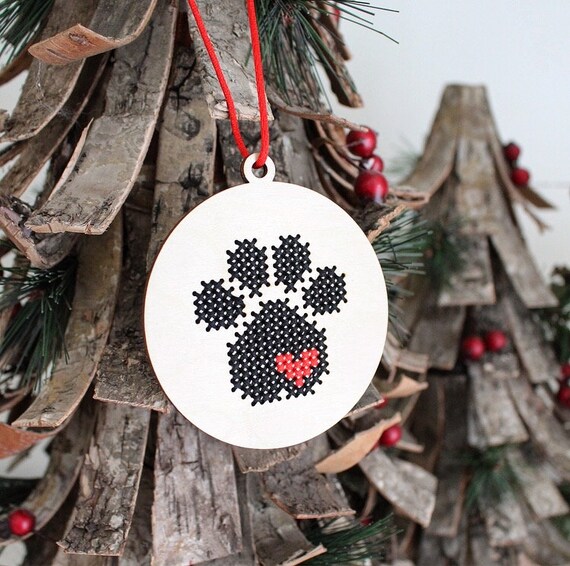 Paw Print With Heart Cross Stitch Holiday Ornament Kit Diy Wood Disk