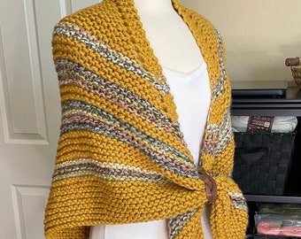 Hand Knitted Shawl, Bulky Knit Shawl, Mustard Shawl