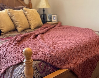 Hand Knitted Wool Blend Blanket: Extra Large Brick Orange Afghan
