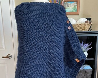 Hand-Knitted Navy Blue Blanket Poncho with Wood Buttons