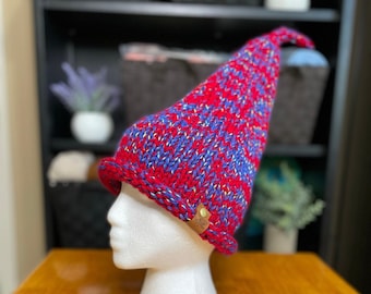 Whimsical Hand Knitted Gnome Hat, Knitted Elf Hat, Knitted Pixie Hat, Unisex Knit Hat, Adult Winter Hat, Red Gnome Hat, Blue Gnome Hat