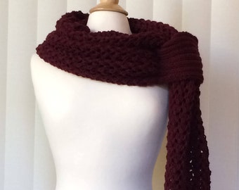 Hand Knitted Scarf/Shawl/Wrap/Stole, Knitted Scarf, Knitted Shawl, Knitted Wrap, Burgundy Scarf/Wrap/Stole