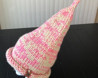 Hand Knitted Gnome Hat: Pink Cream Adult Winter Hat