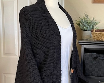 Hand Knitted Shrug, Kimono Knit Cardigan, Hand Knitted Bolero Shrug, Black Batwing Cocoon Cardigan, Boho Knit Cardigan