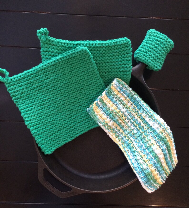 Hand Knitted Cotton Pot Holder Cast Iron Handle Pad and Dish Etsy