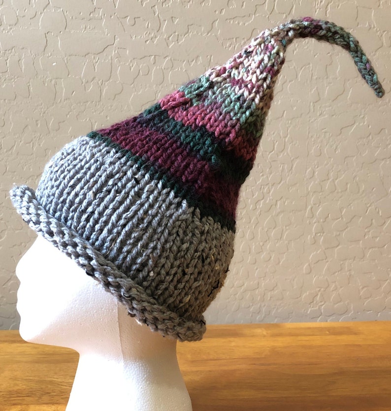 Hand Knitted Gnome Hat, Knitted Elf Hat, Knitted Pixie Hat, Unisex Knit