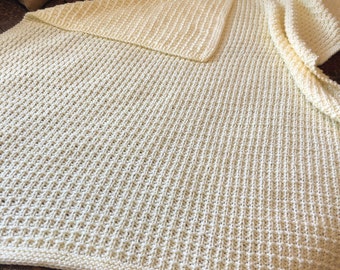 Hand Knitted Blanket, Hand Knit Throw, Knitted Afghan, Off-White Knit Blanket