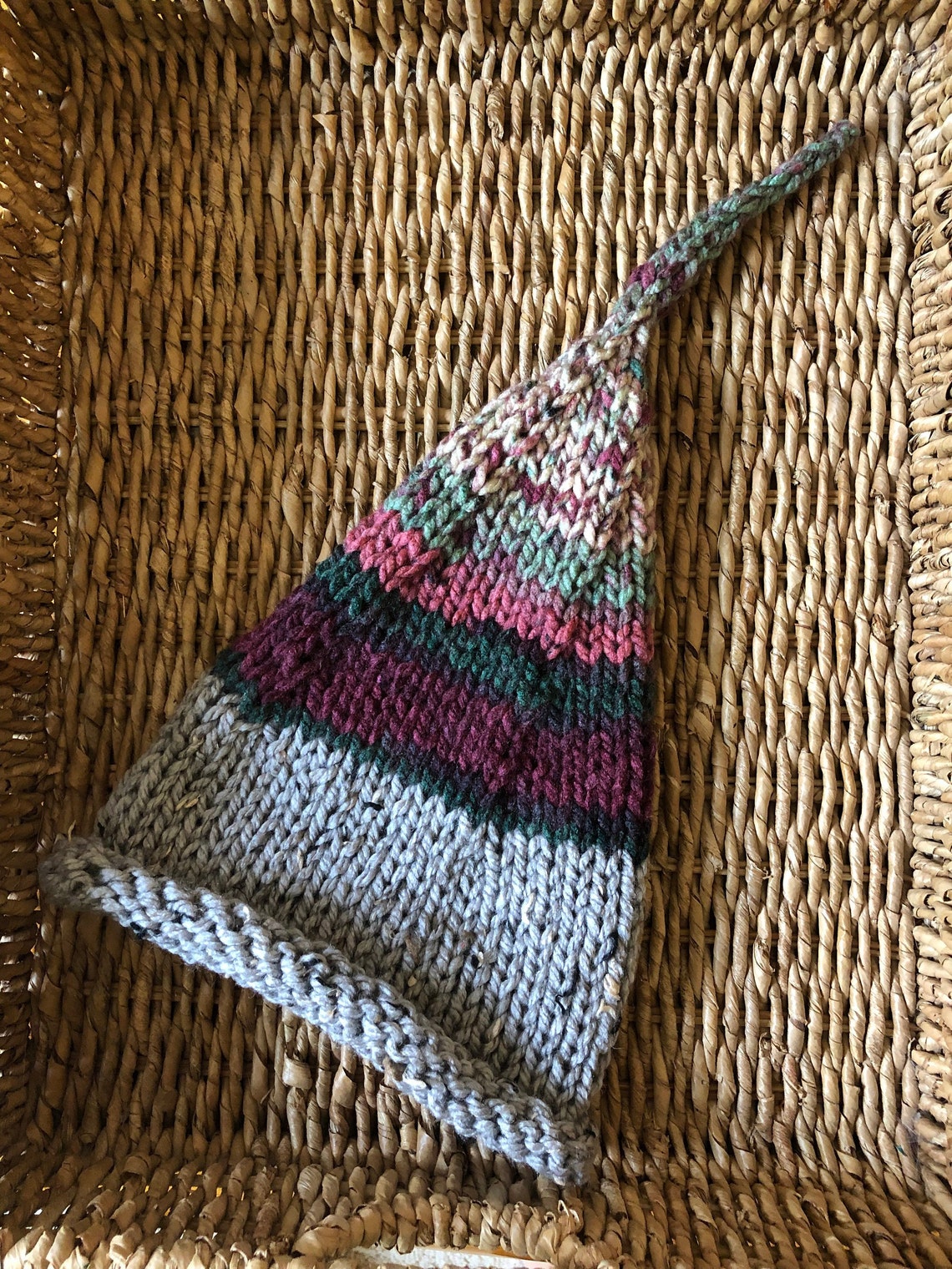 Hand Knitted Gnome Hat, Knitted Elf Hat, Knitted Pixie Hat, Unisex Knit