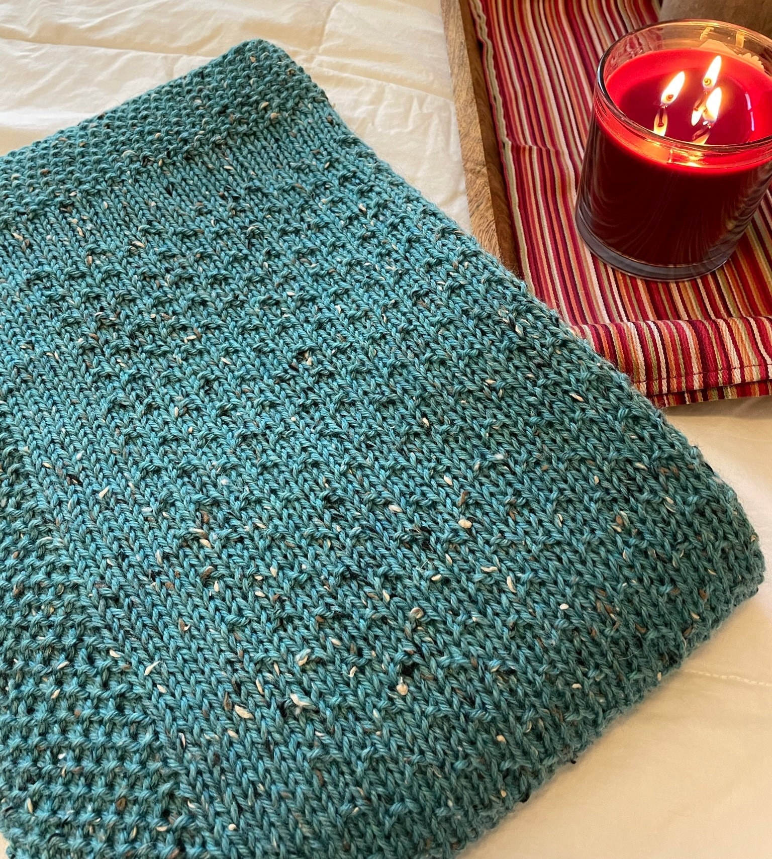 Hand Knitted Wool Blanket, Throw, Turquoise