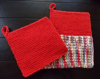 Hand Knitted Cotton Pot Holder and Dish Cloth Set, Red Pot Holder and Dish Cloth Set