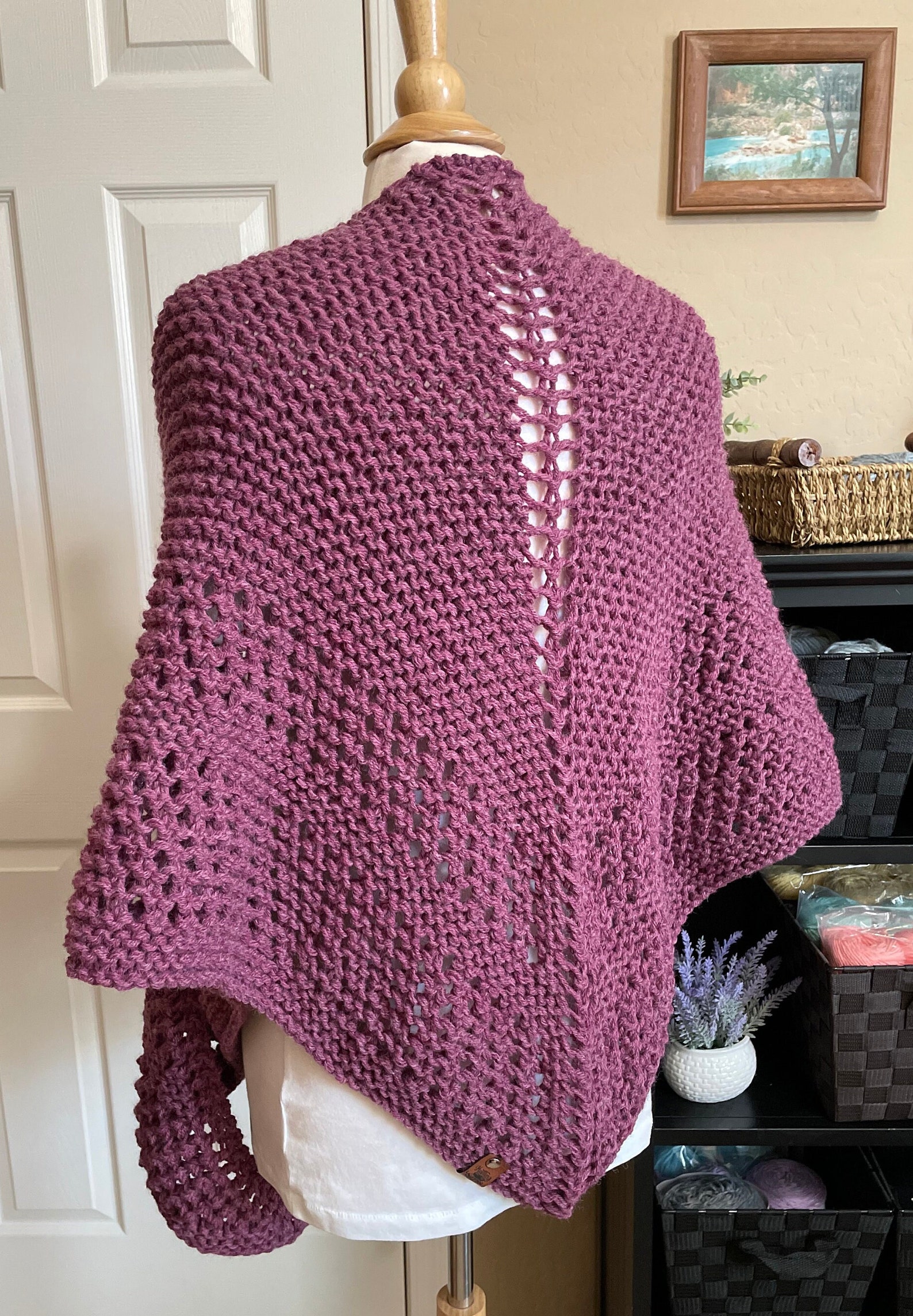 Hand Knitted Shawl Garter and Eyelet Shawl Dark Rose Knit Etsy