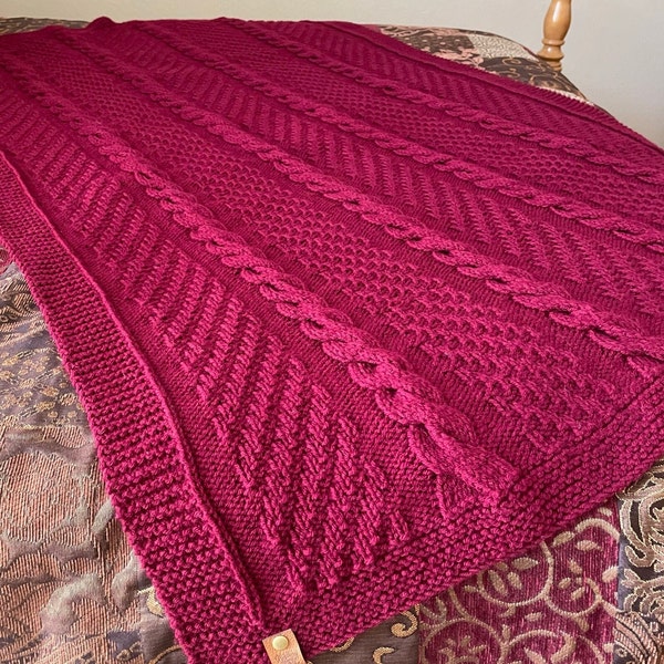 Hand Knitted Blanket, Hand Knitted Throw, Hand Knitted Cozy Cables Blanket, Knitted Wine Red Afghan, Handmade Blanket