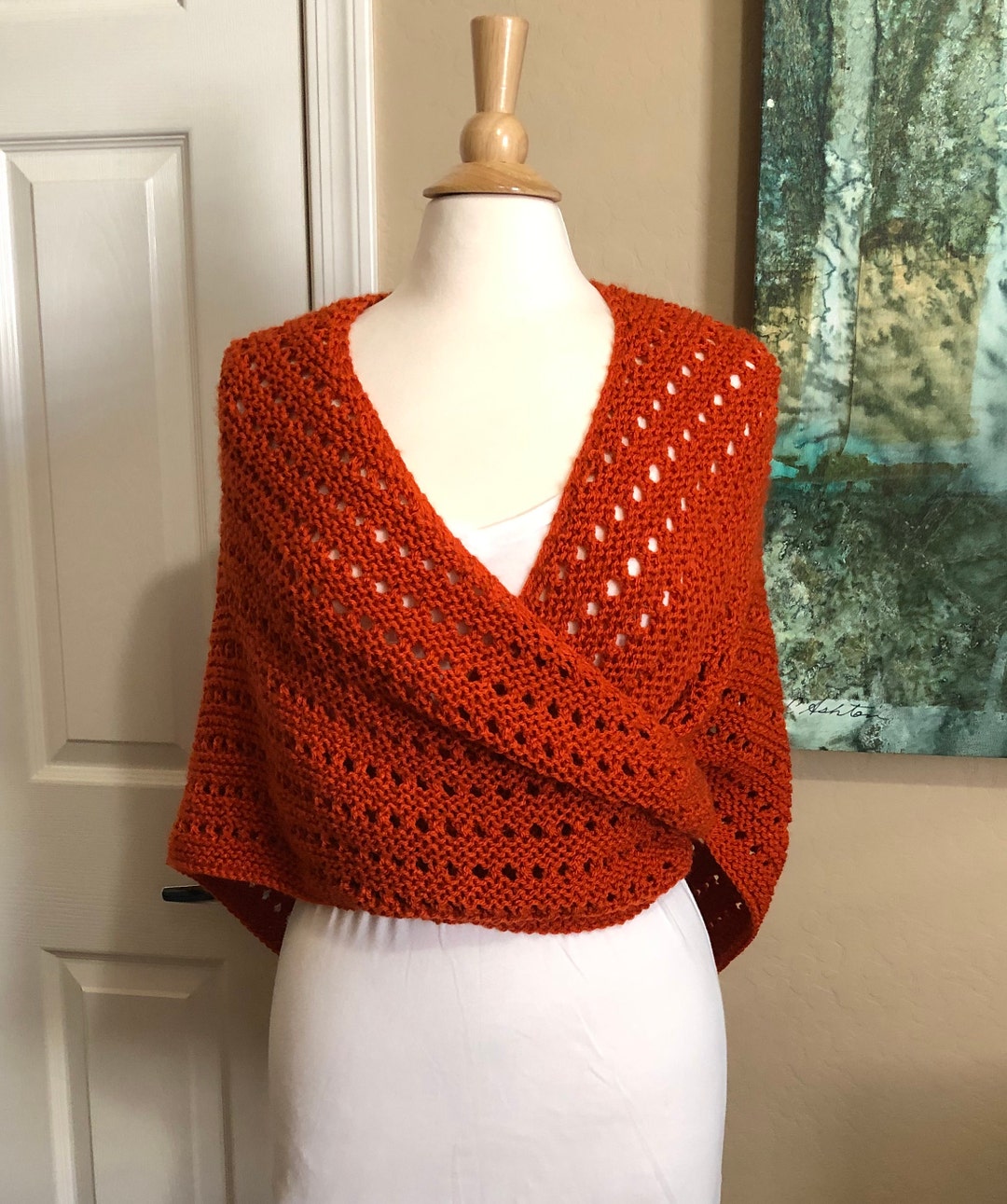 Hand Knitted Shawl, Hand Knitted Wrap, Wrap Around Shawl, Deep Orange