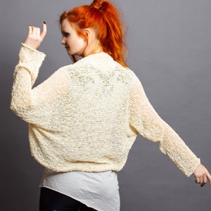 Ivory textured yarn knitted loose shrug, bohemian knit avantgarde yarn cotton cardigan, longsleeve bolero