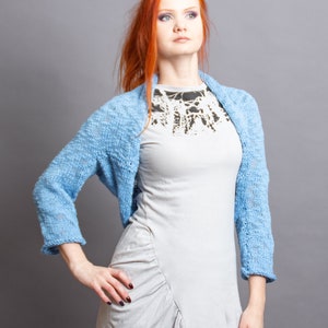 Blue knit bolero, Sky blue chunky wool shrug, Cerulean bohemian textured yarn sweater