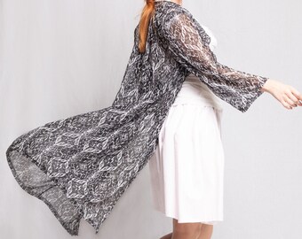 Kimono style black and white pattern cardigan, Mesh tulle longsleeve, abstract gothic avantgarde nu goth jacket