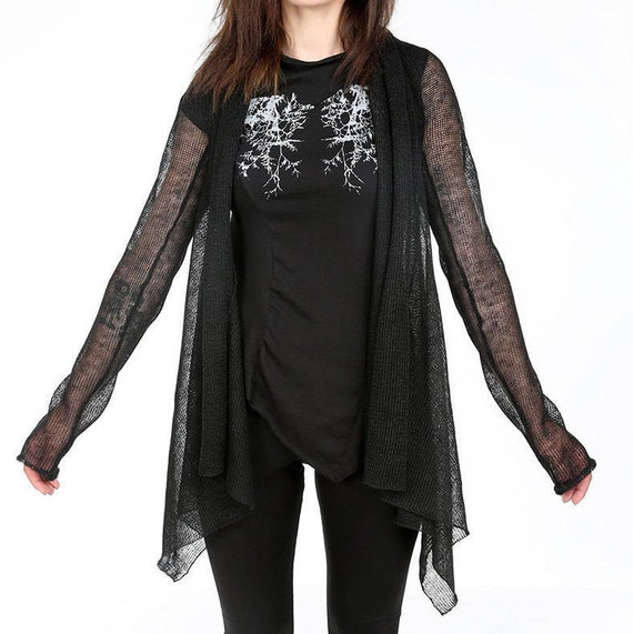 Black Linen Cardigan, Freeform Gothic Jumper, Nu Goth