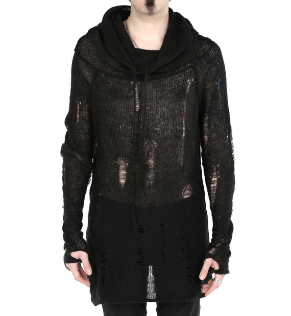 ANDADAclothing Mens Knit Black Gothic Jumper, Mohair Knitted Punk Sweater, Cowl Hoodie Avantgarde Longsleeve, Designer Wear