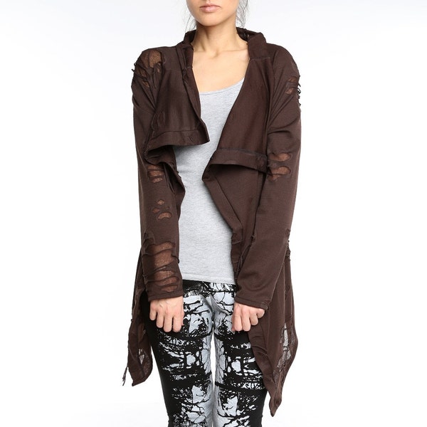 Brown steampunk asymmetrical cardigan, textured town fabric cowl jacket, longsleeve jumper