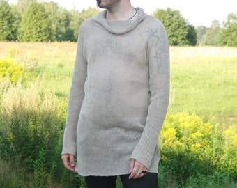 Beige Gray linen jumper, mens knit sweater, natural fibers cowl neck vikings pagan inspired longsleeve, LINEN menswear ANDADA 005