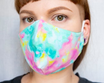 Tie dye pastel abstract face mask, lycra teal pink yellow reusable washable mouth cover, avantgarde handmade facemask, XXL, Adult Teen sizes