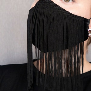 Black fringe velvet face mask, handmade fashion face mask, 5.5 inch fringe gothic alt breathable mask, reusable facemask, nose wire optional