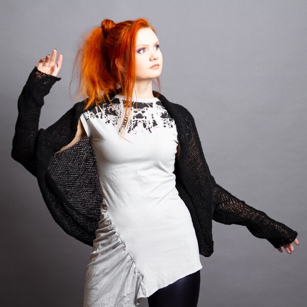 Oversized black cocoon cardigan, black knit shrug, knitted loose bolero, gothic plus size sweater