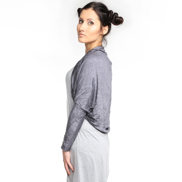 Grey jersey bolero, Grey lycra jersey bolero, oversized bolero cardigan, freeform bolero, Grey shrug, Grey crushed viscose bolero ANDADA 002