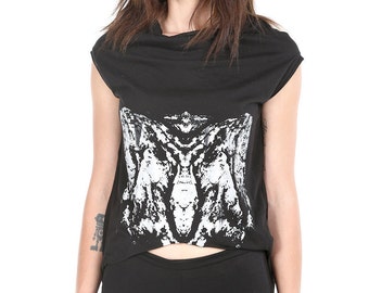 Black abstract print shirt, short sleeve gothic top, asymmetrical dark style goth streetwear top
