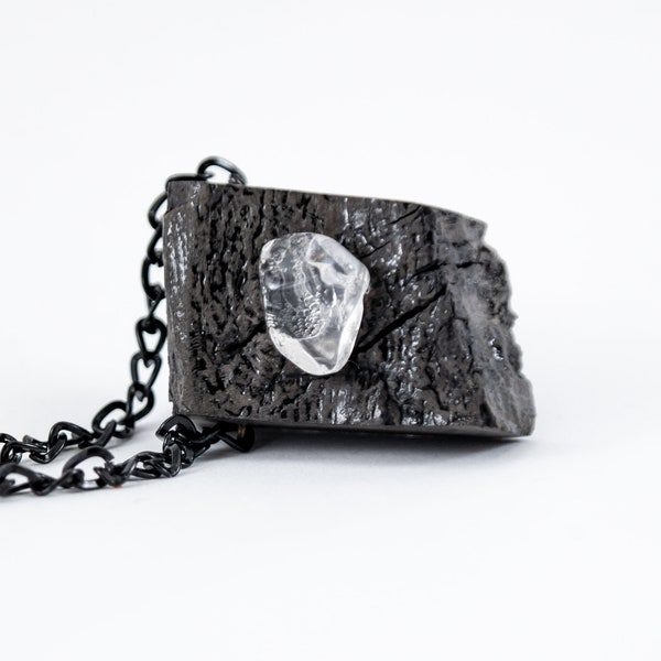 Black crystal pendant, clear stone and bog oak necklace, raw style muerte oak wood avantgarde gothic pendant ANDADA
