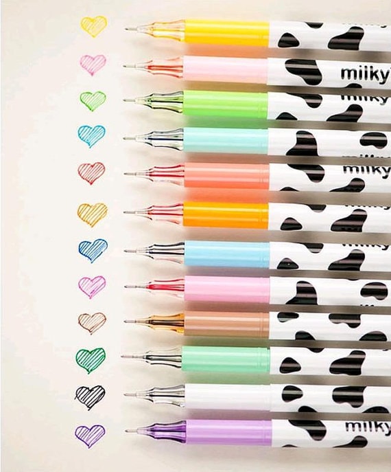 SET of 12 Colorful Milky Pens Cute Kawaii Milky Cow Print Pens