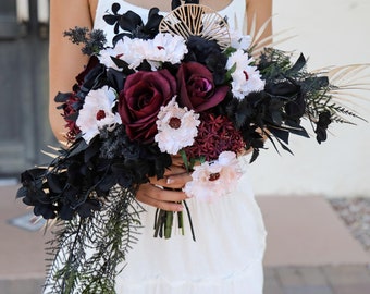 Dark Gothic Bridal Bouquet: Black & Deep Red Roses, Gold Accents