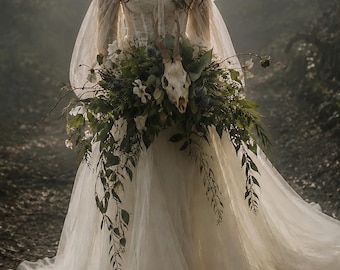 Crystal Cut Black Obsidian Handle Woodland Deer Skull Bouquet Moss Wedding Gothic Forest Bridal Dark Fantasy, Celestial Alternative Medieval