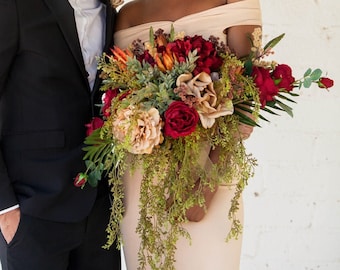 Fiery Sunset Bridal Bouquet Large Elegant Contemporary Hand-Tied Gold and Red Rose Wedding Bouquet