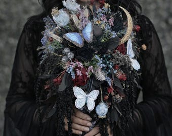 Raw Amethyst Handle Clear Quartz Crystals Blue Moths Gothic Wedding Bouquet Black Blue Wine Dark Moody Celestial Bridal Alternative Witchy