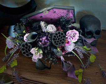 Coffin Bridal Bouquet: Gothic Black & Purple Wedding Centerpiece