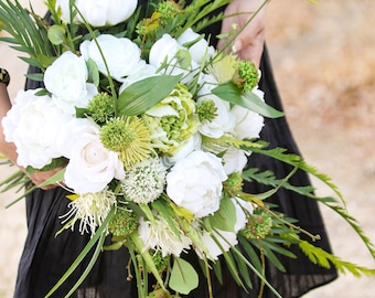 Traditional Bridal Bouquet Wedding Bouquet Artificial Green and White Peonies, Roses, Exotic Flowers and Greens