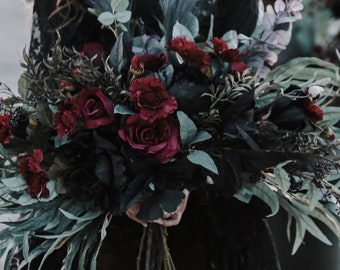 Dark + Moody Wedding Bridal Bouquet black roses, deep burgundy red roses black leaves green weeping willow branches Extra Large Unique